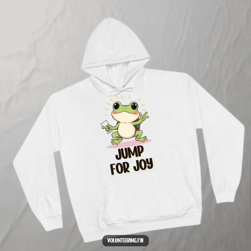 Funny frog hoodie, a happy frog with a backpack jumping and handing out flyers, a warm and humorous apparel gift.