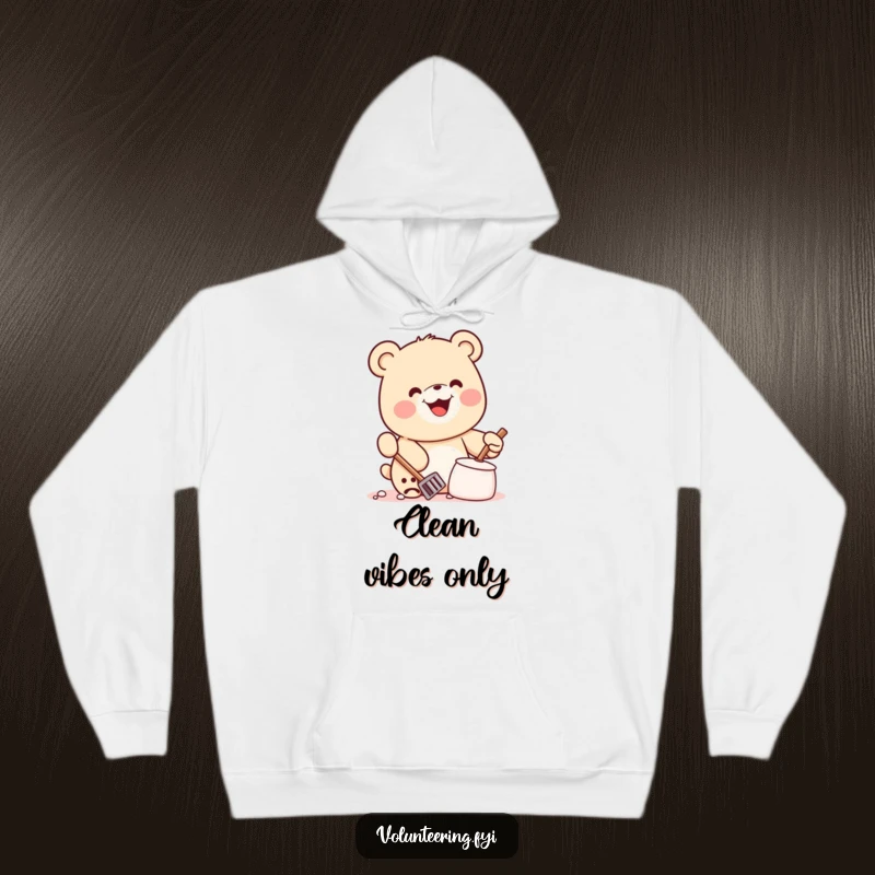 Funny Kawaii Bear Hoodie: Warm and cozy sweatshirt with a smiling bear cleaning litter, offering a humorous eco-friendly vibe.