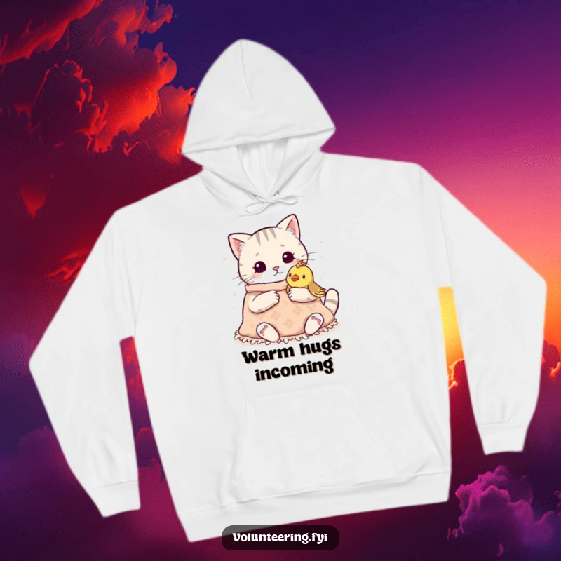 Funny Kawaii Cat Knitting Hoodie: A warm and soft hoodie featuring a cat knitting a blanket for a bird, radiating kindness.