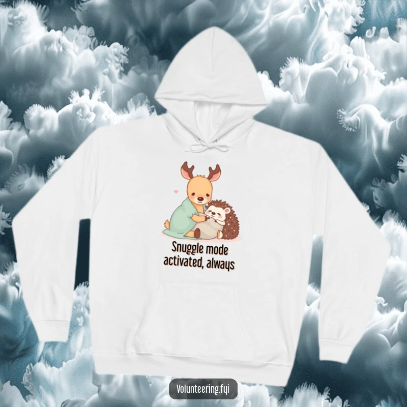 Funny hoodie with a Kawaii deer and hedgehog sharing a blanket, depicting ultimate coziness and adorable friendship.