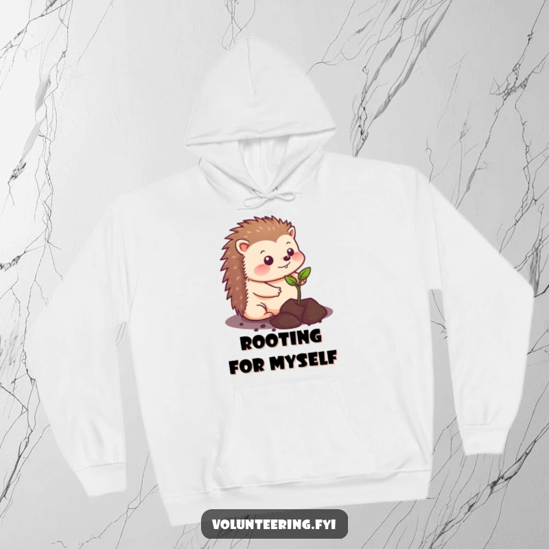 Funny kawaii hedgehog hoodie design, cute animal happily planting a seedling, expressing a love for gardening and the outdoors, soft and cozy.