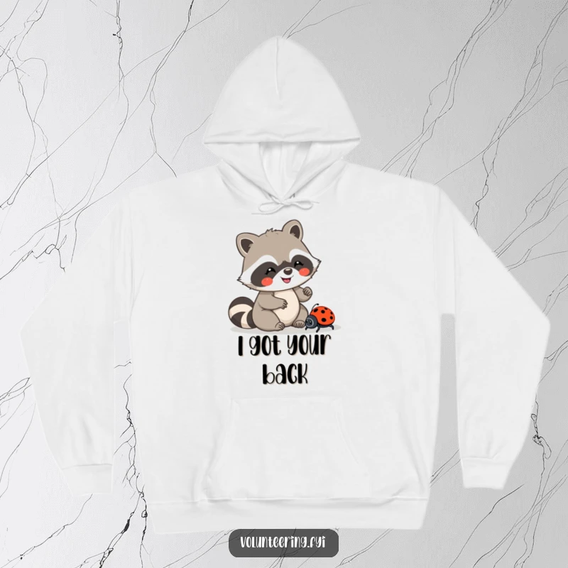 Funny hoodie showcasing a Kawaii raccoon character carefully guiding a lost ladybug, cozy and compassionate apparel.