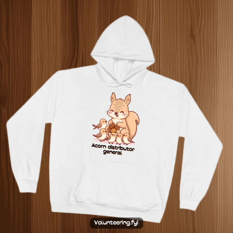 Funny kawaii squirrel hoodie, a charming scene of a squirrel sharing nuts with small birds, symbolizing generosity and friendship in nature.