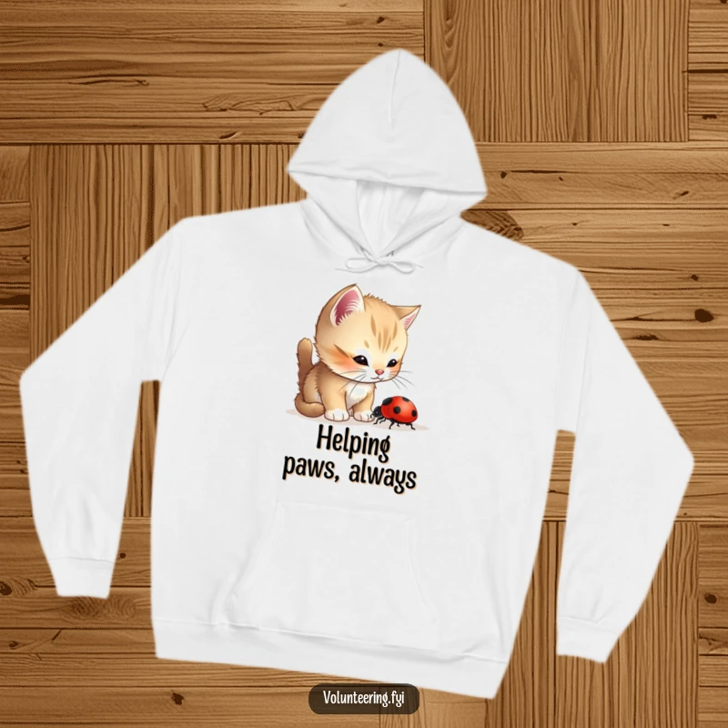 Funny Kitten Ladybug Hoodie featuring a curious kitten helping a lost ladybug, offering warmth and a reminder of gentle compassion.