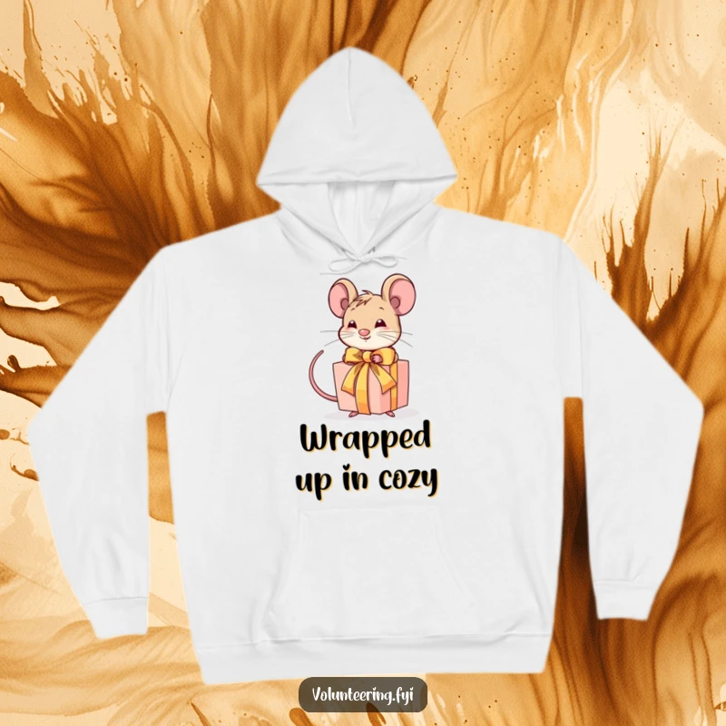 Funny hoodie showing a determined mouse tying a ribbon around a gift, perfect for cozy days and celebrating attention to detail.