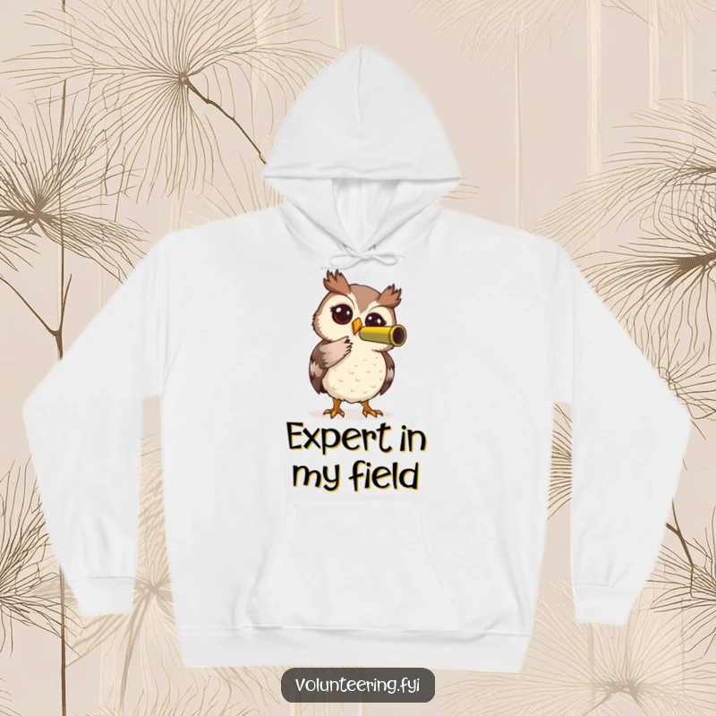 Funny Owl Hoodie: Charming owl character using a telescope, representing helpfulness and curiosity, an ideal funny gift.