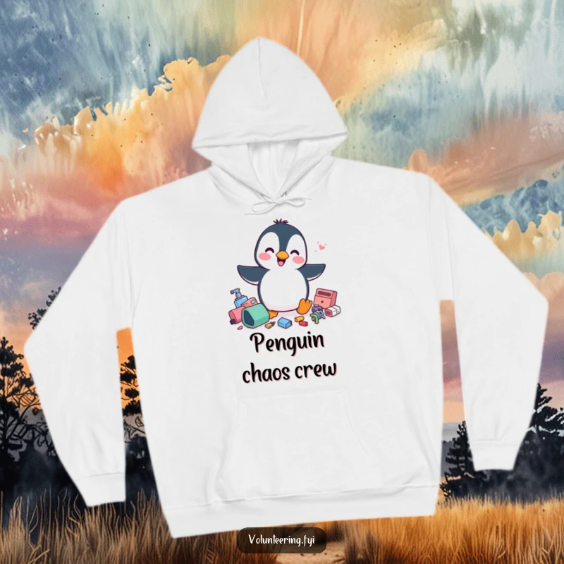 Funny penguin hoodie, a playful penguin energetically tidying scattered items, a warm and humorous apparel gift.