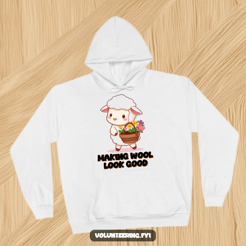 Funny hoodie print of a fluffy sheep holding a basket of vibrant flowers, ready for a planting adventure.