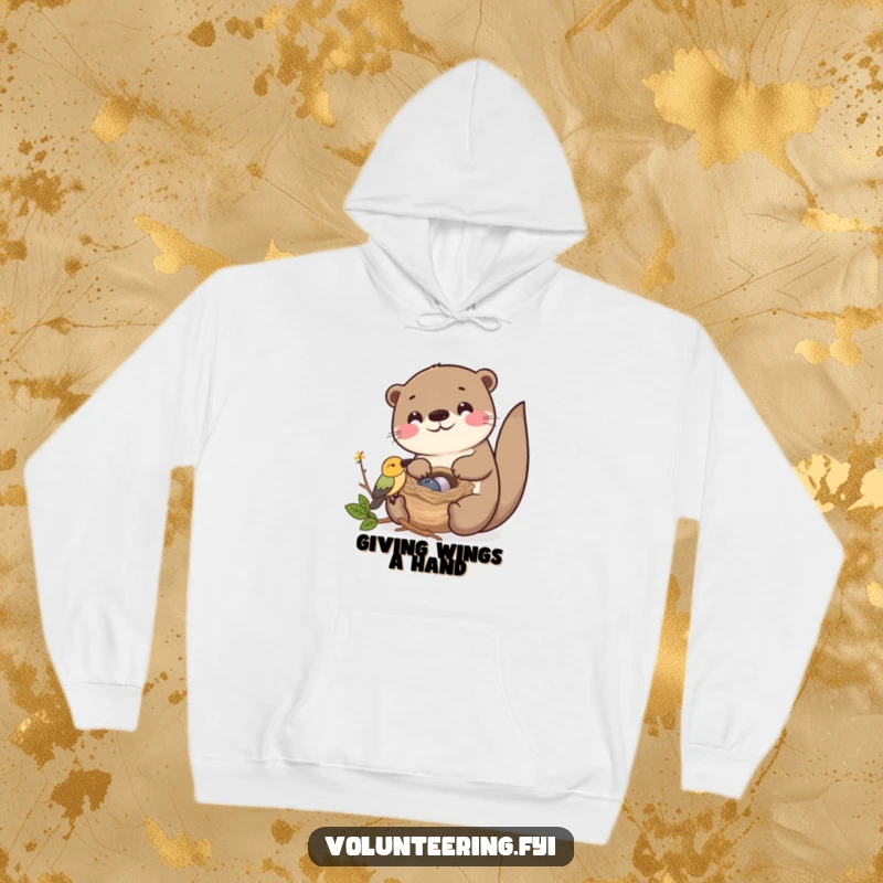 Funny Kawaii otter helping a bird build its nest, cozy hoodie, cute friendship design.