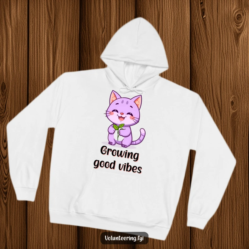 Funny hoodie featuring a playful purple cat smiling, offering a seedling, providing cozy humor and a nature-loving style.