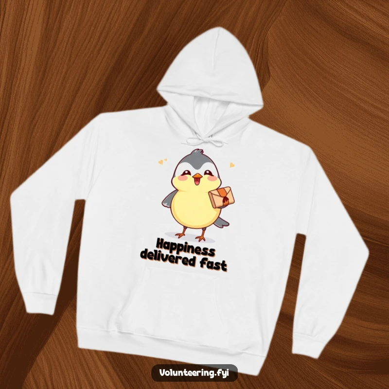 Funny hoodie featuring a happy chickadee in flight, delivering a small parcel, symbolizing cheerful service and cozy warmth.