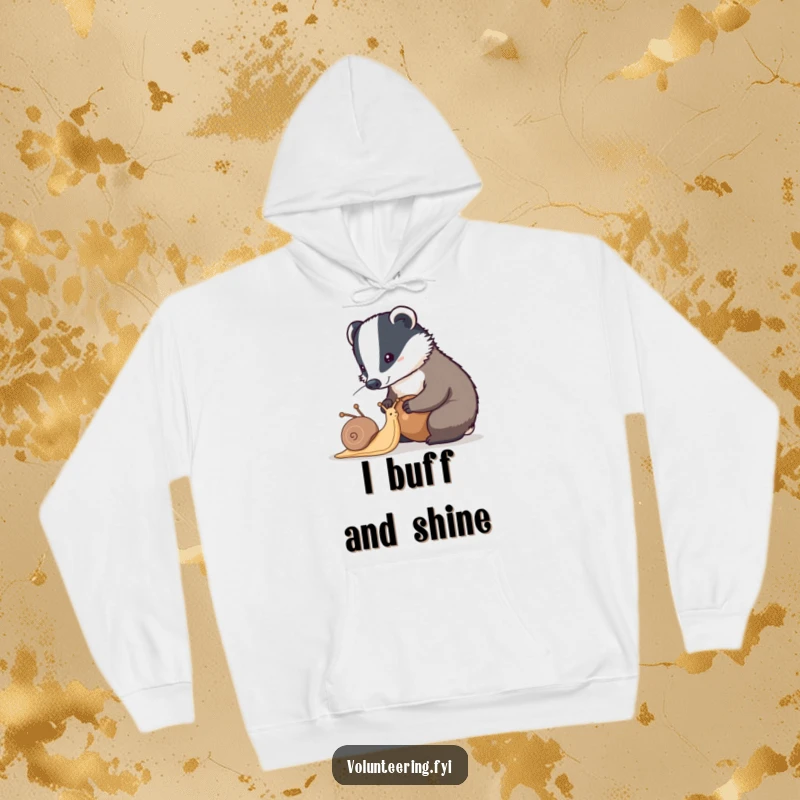 Funny badger hoodie depicting a diligent badger helping a snail clean its shell, a heartwarming illustration of helpfulness.