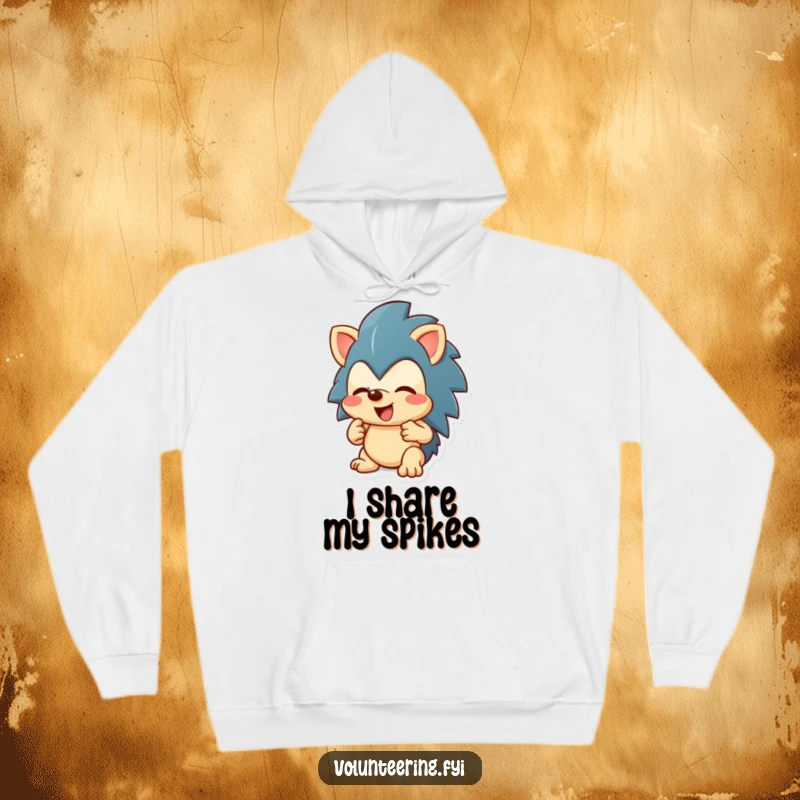 Funny enthusiastic hedgehog character sharing a toy on a soft hoodie, ideal funny gift.