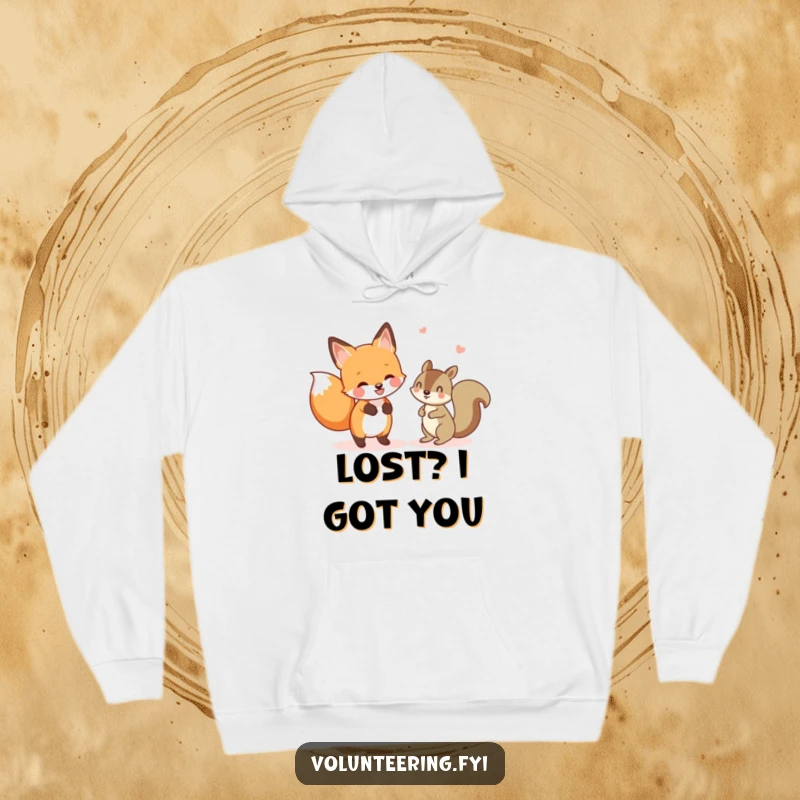 Funny hoodie with a cheerful fox helping a lost squirrel, bringing humorous woodland kindness to your everyday wear. Excellent funny gift.
