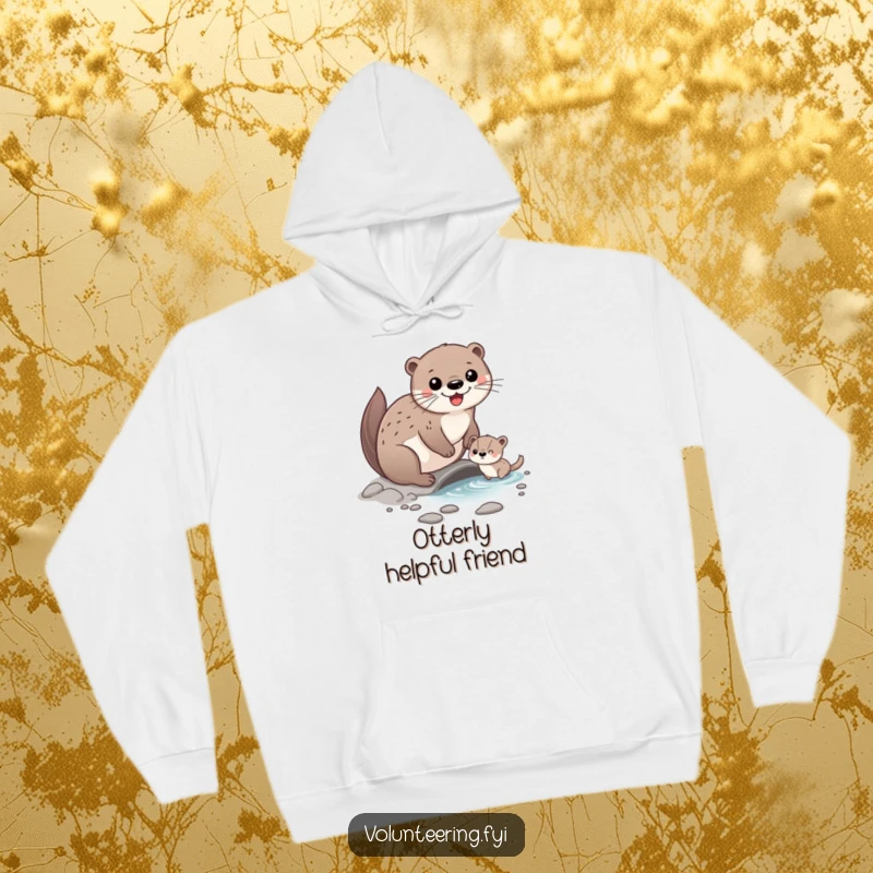 Funny Hoodie featuring a happy otter character helping a smaller animal cross a small stream, symbolizing support and camaraderie.