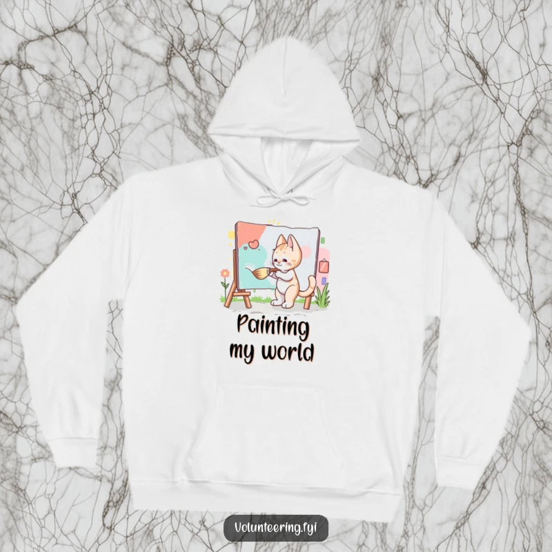 Funny Kitten Artist Hoodie: A diligent kitten painting a large community mural with a huge brush, representing artistic endeavor and fun.
