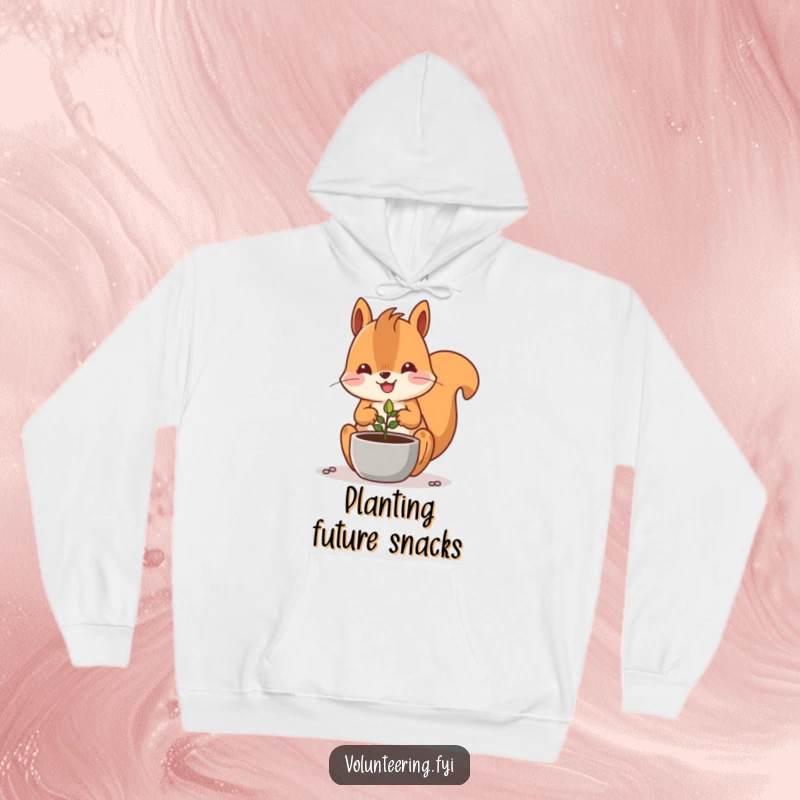 Funny Kawaii squirrel planting a seed in a pot, cozy hoodie for gardeners, cute nature design.