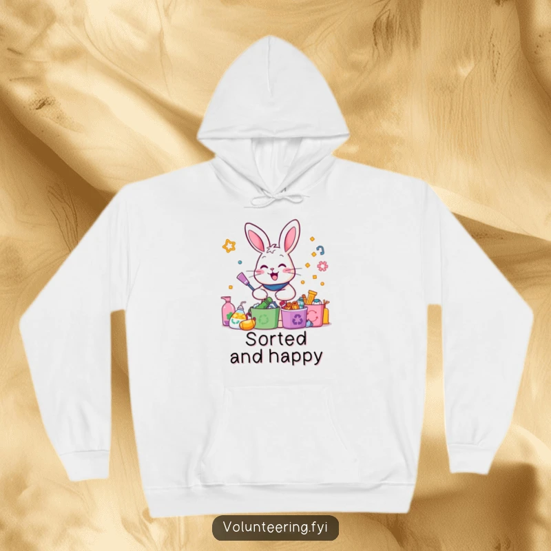 Funny Rabbit Recycling Hoodie: A cheerful rabbit sorts colorful recyclables with gusto, offering warmth and a funny eco-message.