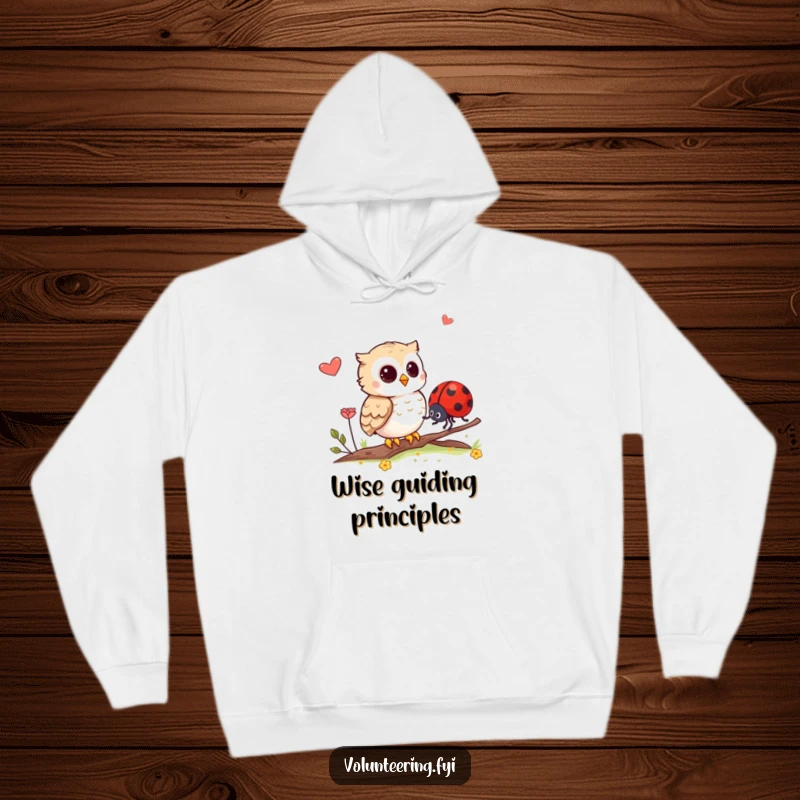 Funny hoodie illustration of a wise owl guiding a lost ladybug, offering warmth and a sense of cozy security.