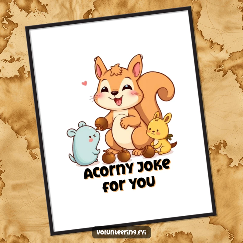 Funny Free Printable Wall Art: A delighted squirrel distributing acorns to various happy forest animals.