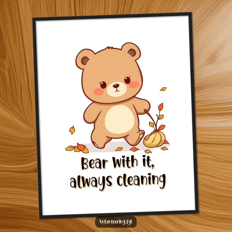 Funny Free Printable Wall Art: Determined Kawaii bear collecting fallen leaves, cute and orderly, a charming downloadable piece.