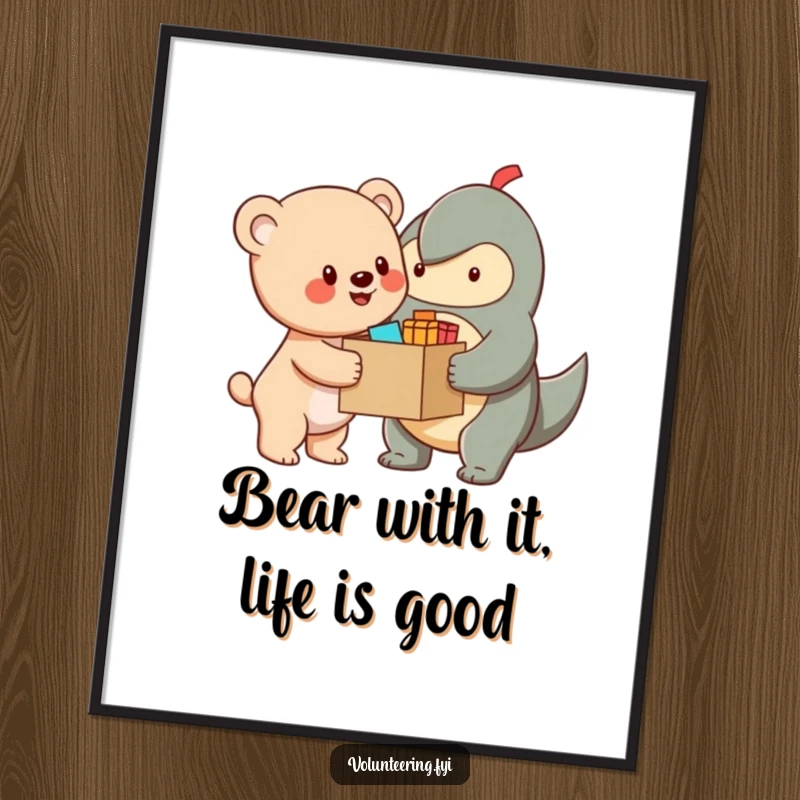Funny Free Printable Bear Cub Wall Art: A cheerful bear cub character generously hands a box of supplies to another creature, radiating helpfulness.