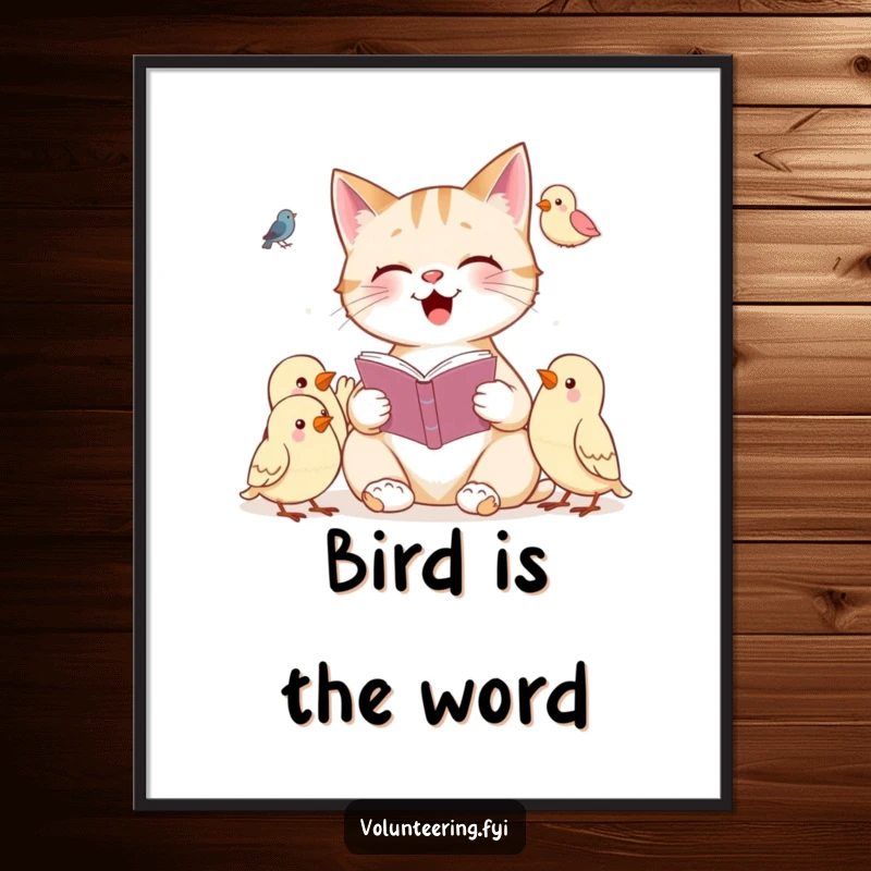 Funny free printable wall art depicting a cheerful cat engrossed in reading to a group of attentively listening birds, inspiring imagination and calm.