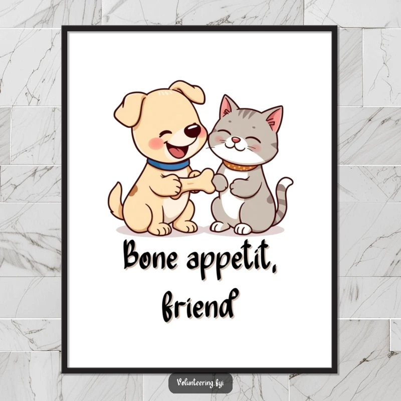 Funny free printable wall art: dog happily offers bone to a very grateful cat, quirky pet humor.