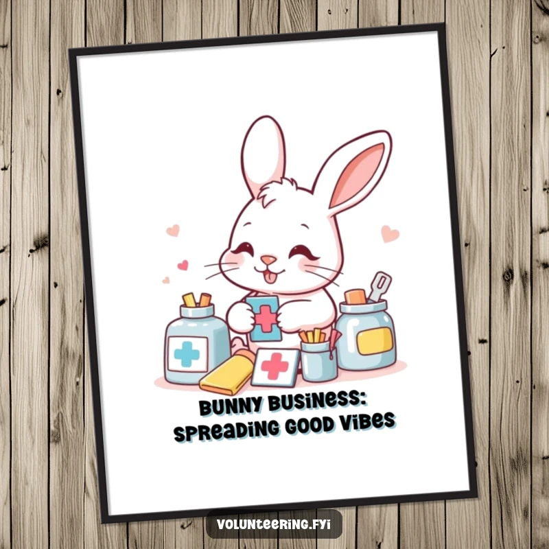 Funny Free Printable Wall Art: A smiling bunny meticulously sorts colorful aid supplies with a determined look, symbolizing care and organization.