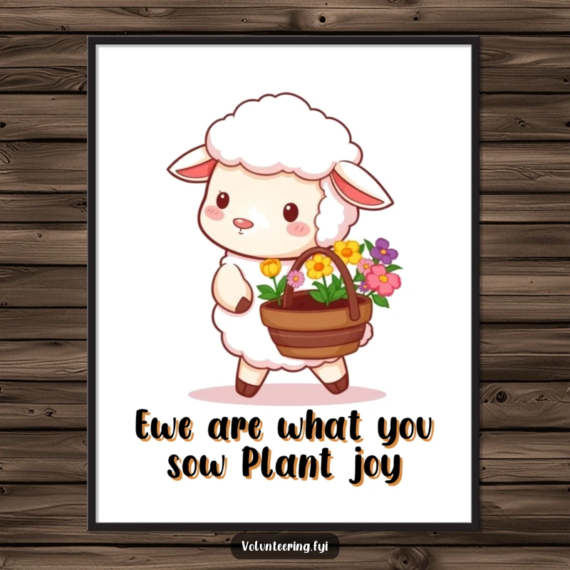 Charming free printable wall art depicting a fluffy sheep carrying a basket filled with colorful flowers, ready for planting.