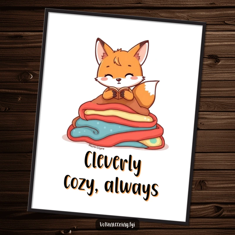 Funny Free Printable Fox Wall Art: A playful fox character is neatly organizing a pile of colorful blankets, creating a cozy scene.