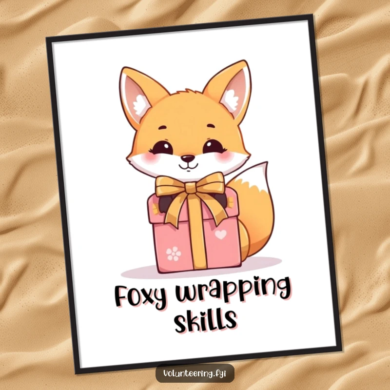 Funny Free Printable Wall Art depicts a smiling fox meticulously tying a ribbon around a gift box, adding a touch of playful sophistication.