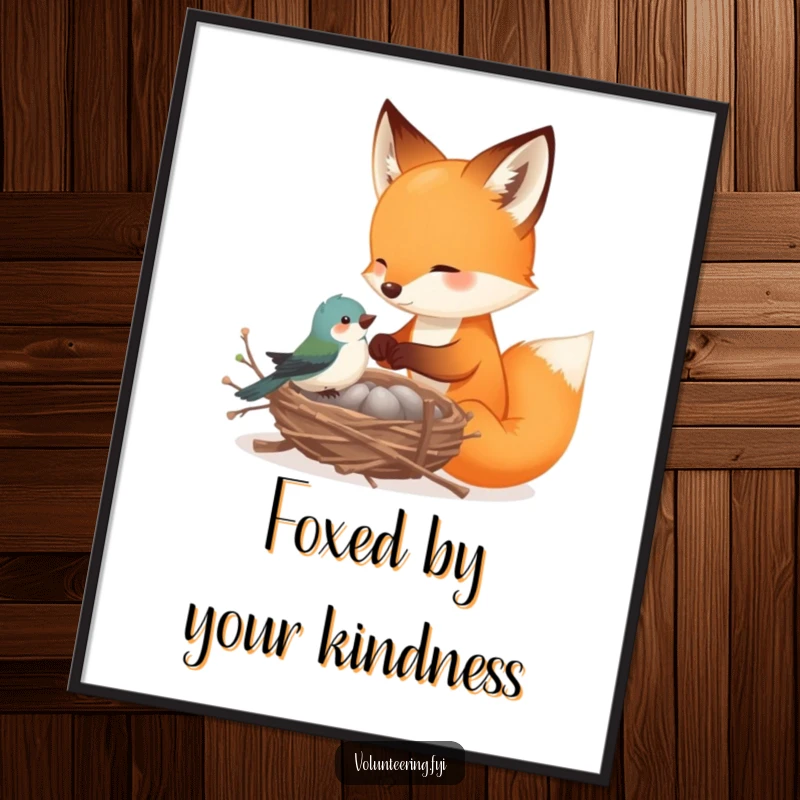Funny Free Printable Wall Art: Playful fox helps a tiny bird build a nest with delicate twigs, creating a cozy and whimsical scene.