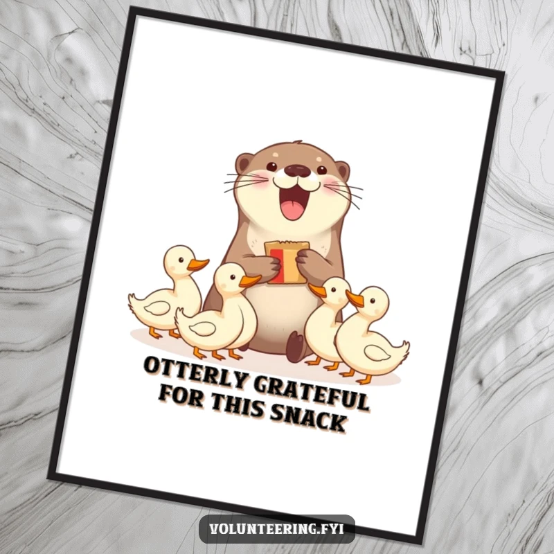 Funny free printable wall art: a delighted otter happily shares snacks with a group of ducks, a scene of community.