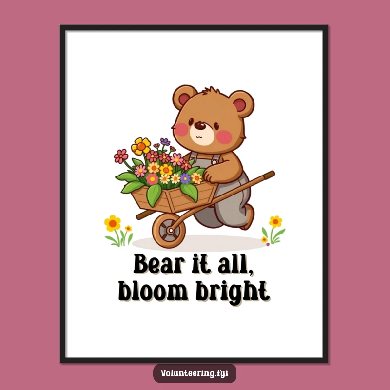 Free Printable Wall Art: Bear Pushing Flowers - Cheerful Downloadable Art
