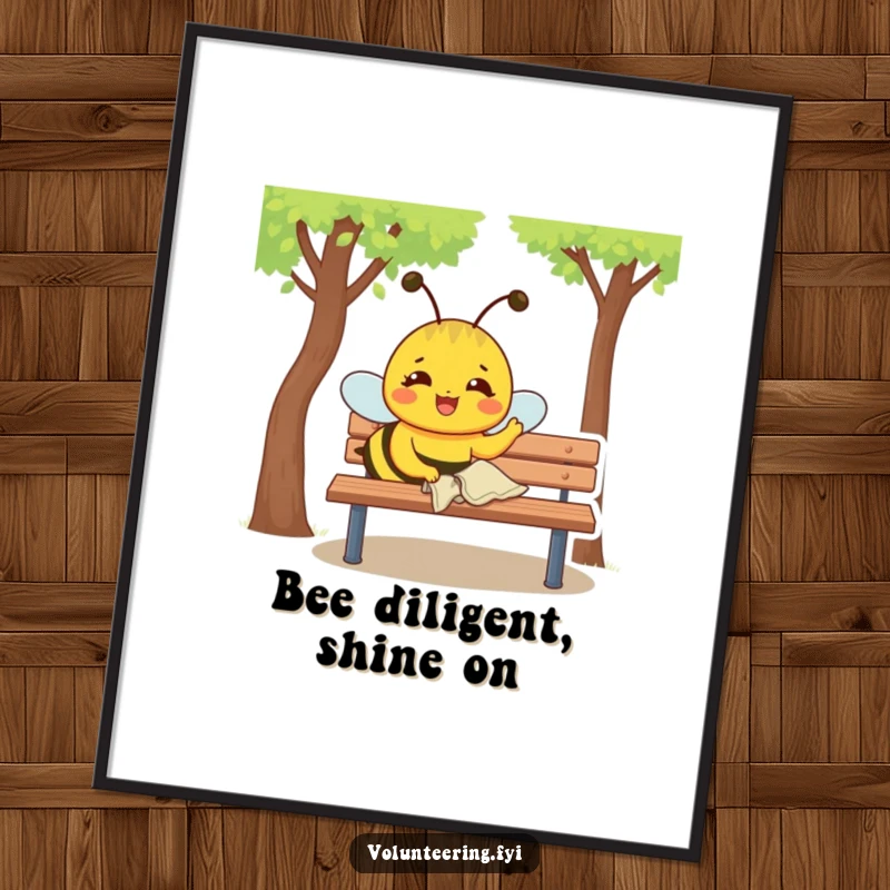 Free Printable Wall Art depicting a joyful yellow bee character with a determined expression polishing a park bench.
