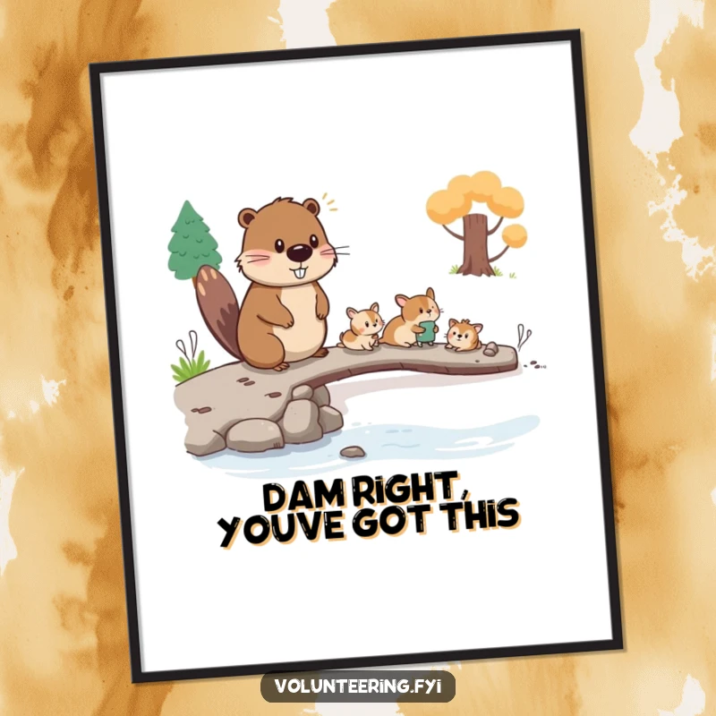 Funny Free Printable Wall Art: Diligent beaver guiding smaller animals across a makeshift bridge, whimsical and delightful illustration.