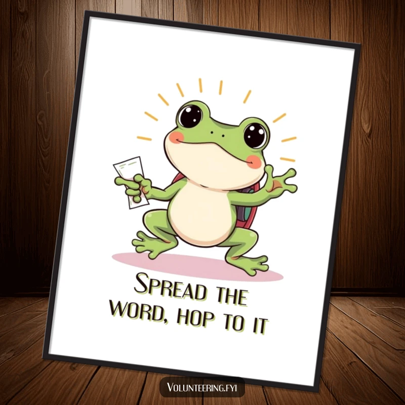 Funny Free Printable Wall Art: Jumping frog with a tiny backpack beaming while handing out flyers, energetic and fun illustration.