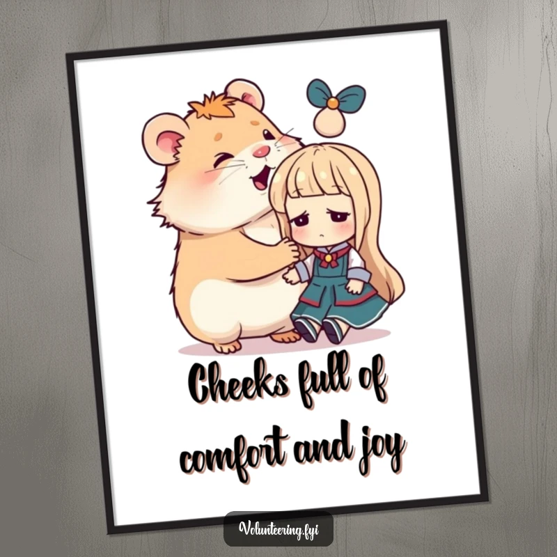 Funny Free Printable Wall Art: Happy hamster offering a comforting pat to a sad doll, adorable and heartwarming illustration.