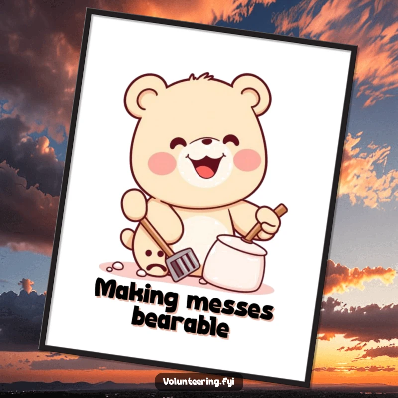 Funny Free Printable Wall Art: Kawaii bear happily cleaning litter with a huge smile, bringing joy to the room.