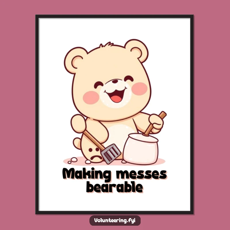 Free Printable Wall Art: Funny Kawaii Bear Cleaning Scene, a Quirky Downloadable Gift