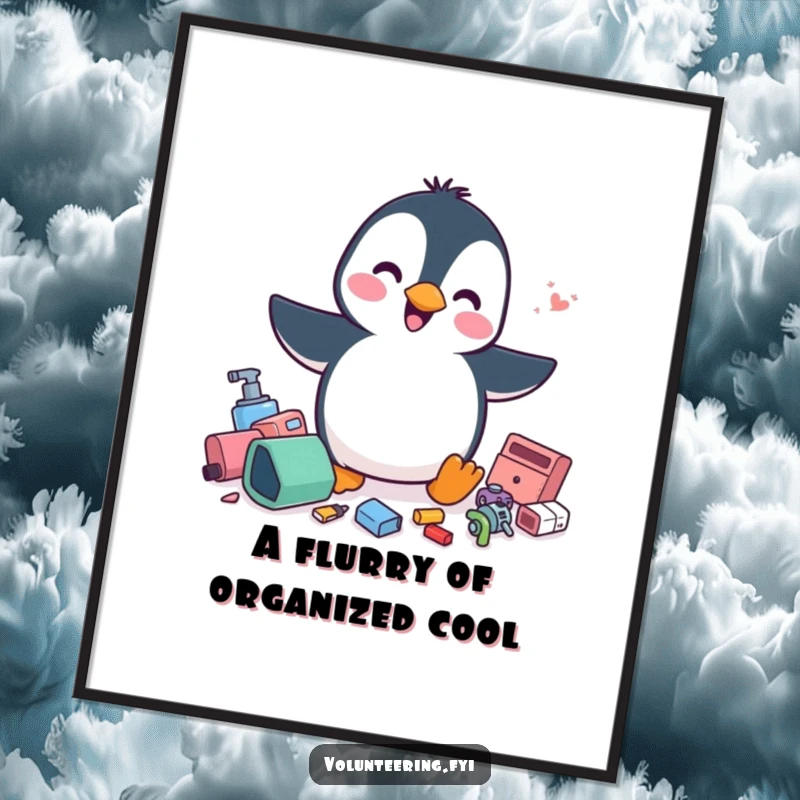 Funny Free Printable Wall Art: Playful penguin tidying scattered items with a cheerful, energetic flurry, whimsical decor.