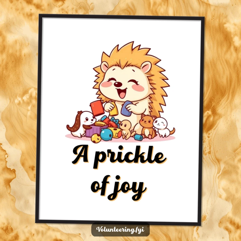 Funny Free Printable Wall Art: Hedgehog Enthusiastically Sorts Toys for Small Creatures, Playful, Cute, Woodland Theme.