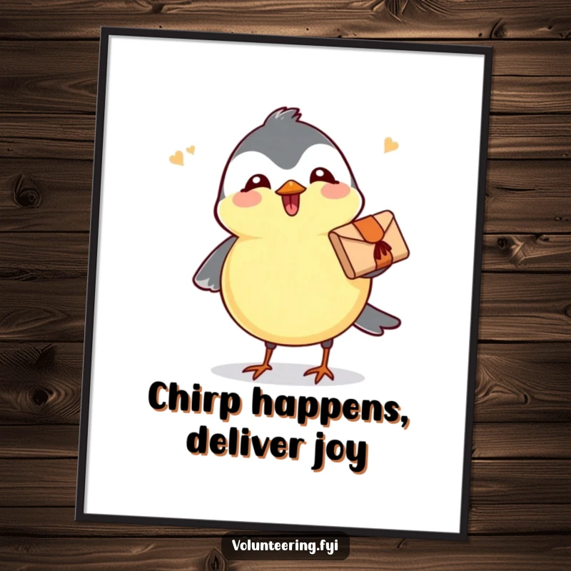 Free Printable Wall Art: A happy chickadee flutters with a small package, radiating joy and charm to any room.