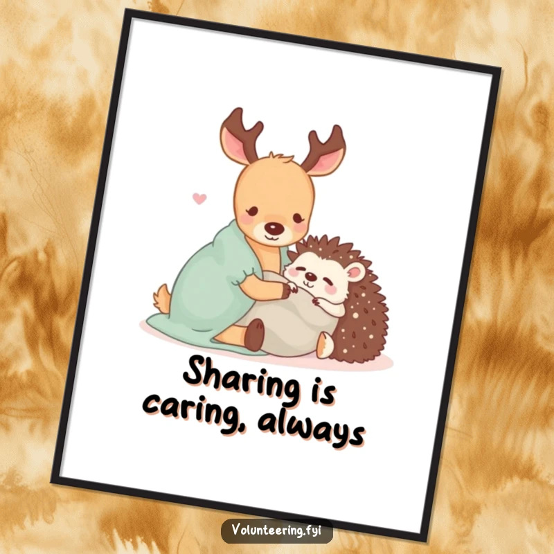 Funny Free Printable Wall Art: Adorable Kawaii deer sharing a blanket with a sleepy, content hedgehog.