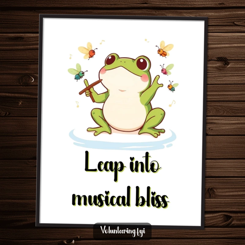 Free Printable Wall Art: Charming Kawaii frog leading an orchestra of buzzing and chirping insects with flair.
