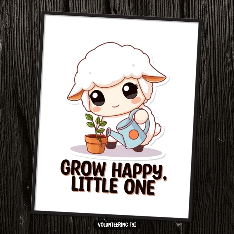 Free Printable Wall Art depicting a fluffy white sheep with large, kind eyes watering a small potted plant.