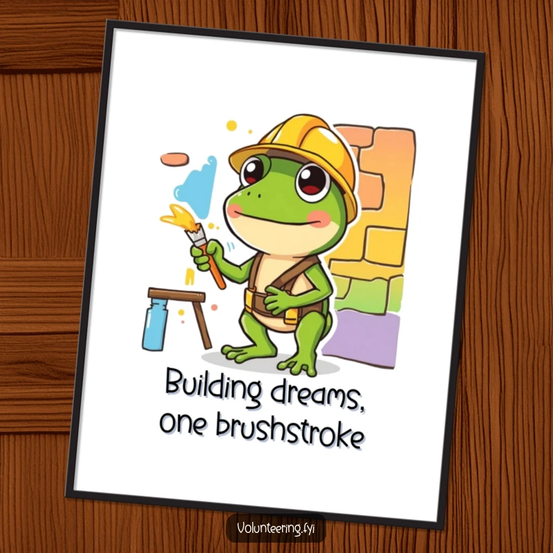 Funny Free Printable Wall Art: A green frog in a hard hat carefully paints a colorful mural section, bringing art to life.
