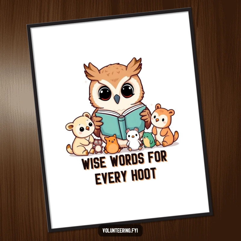 Funny Free Printable Wall Art: A curious Kawaii owl reading an open book to a small audience of attentive young forest animals.