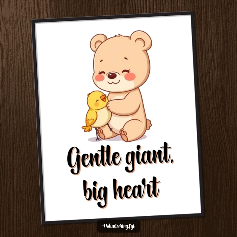 Funny Free Printable Wall Art: A happy bear cub gently pats a tiny bewildered bird, creating a heartwarming downloadable scene.
